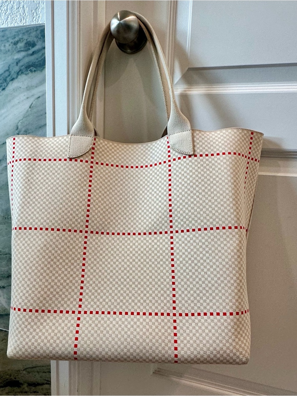 Rothy's Cream Tote with Red Grid Pattern